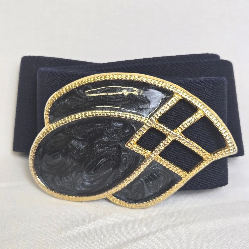 Day-Lor Stretch Dress Belt Gold Tone & Blue Enamel 2